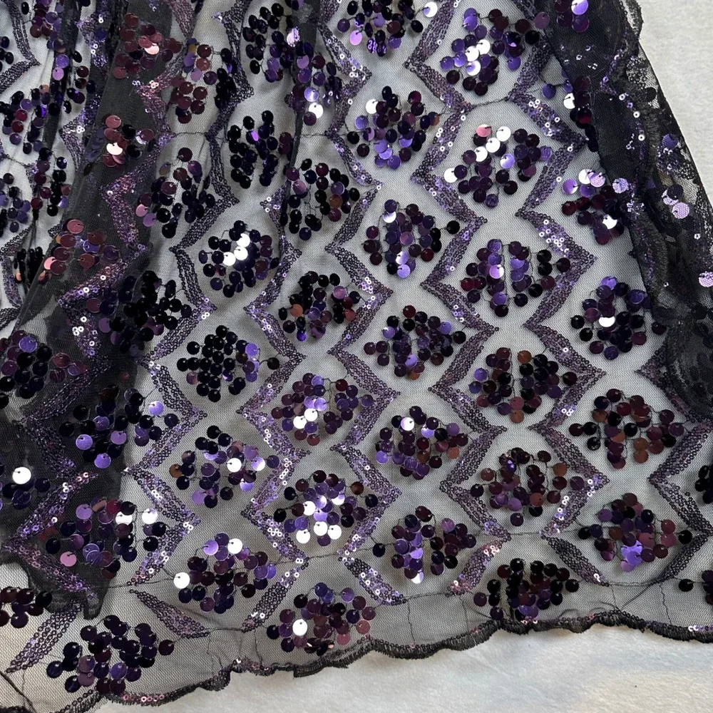 Vintage Style Black Mesh Purple Sequin Scalloped Edge Evening Wrap Shawl Scarf